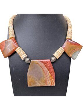 Vintage Statement Banded Carnelian Agate Natural Stone Heishi Bead Necklace READ
